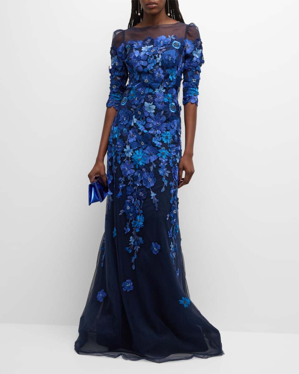 Floral-Embroidered Puff-Sleeve Tulle Gown